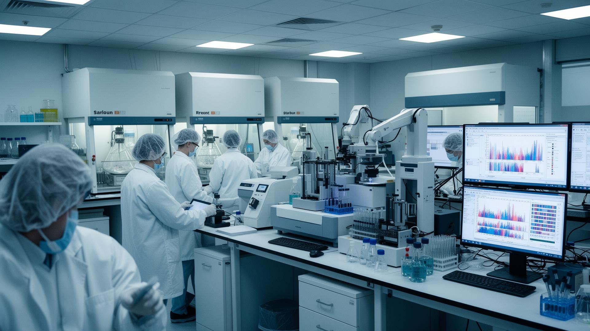 Sequencing lab with robotic liquid handling and analysis stations.